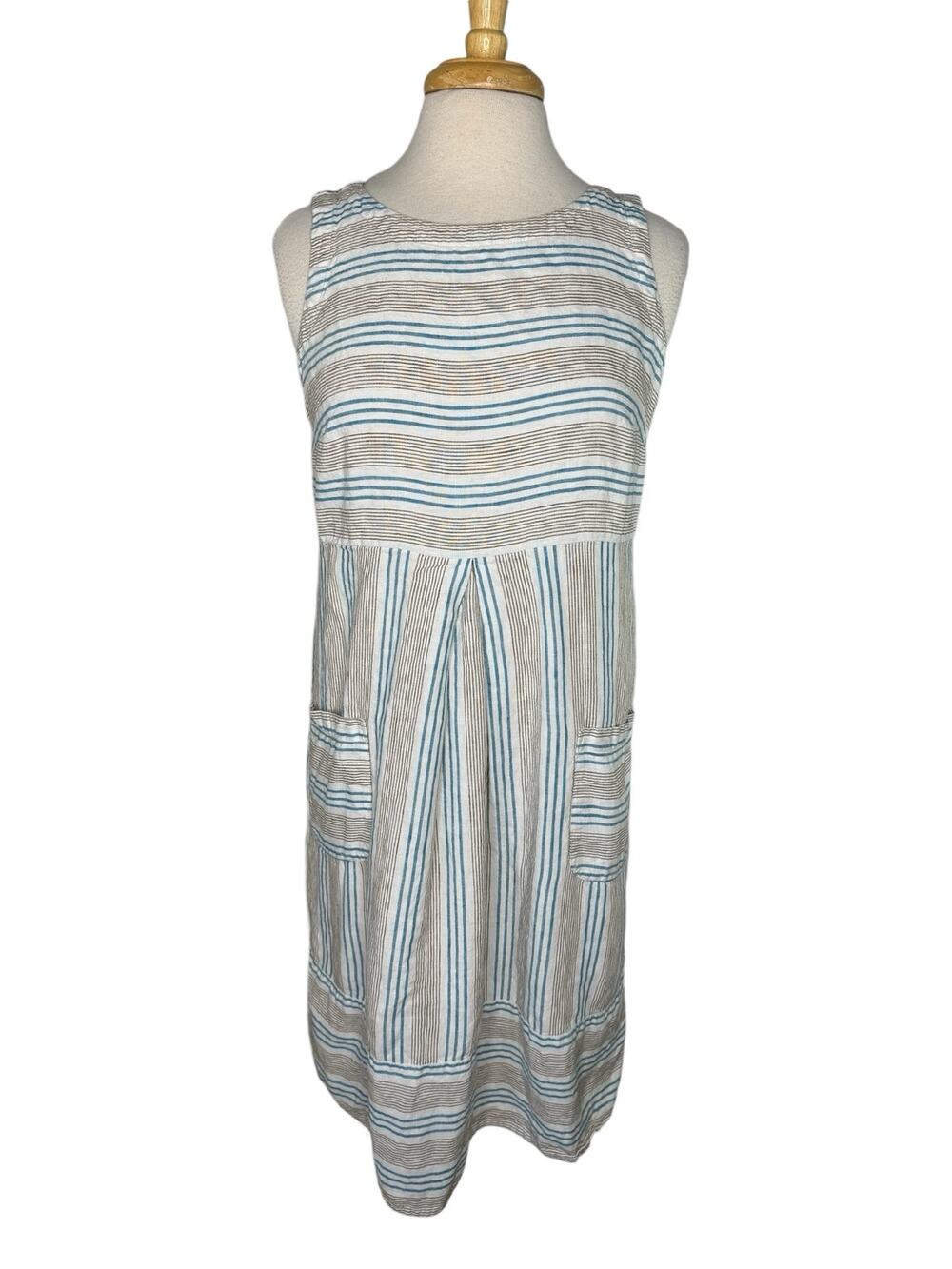 J.JILL Love Linen White Gray Blue Stripe Front Pocket Dress Size Small Womens
